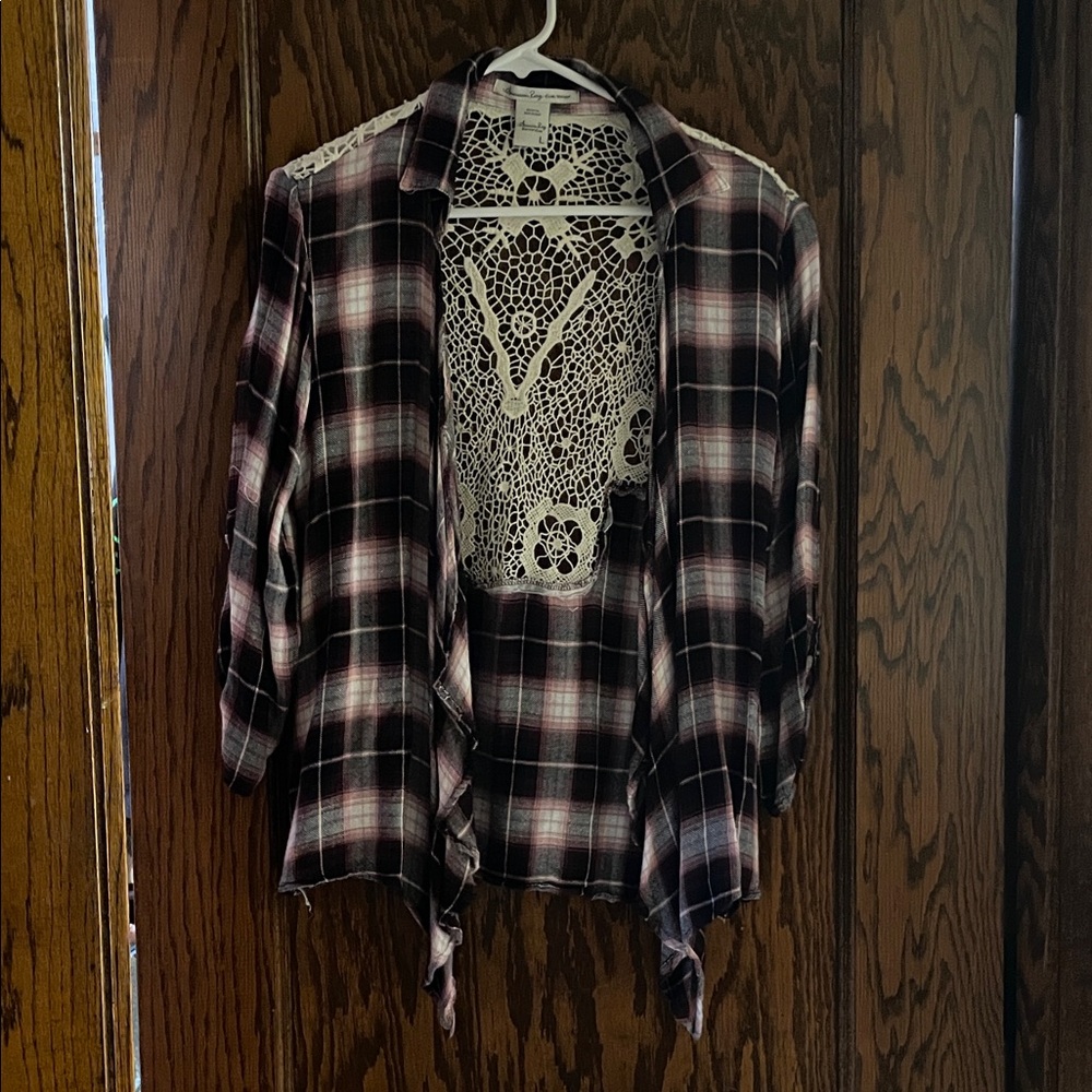 American Rag Plaid Cardigan with Crochet Back